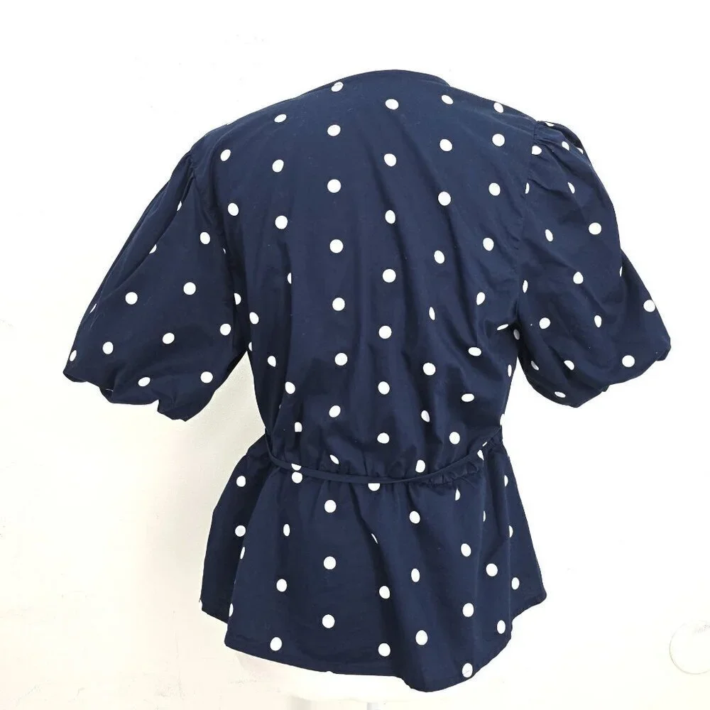 Old Navy Navy Blue White Polka Dot Puff Sleeve Wrap Top Women Size Large